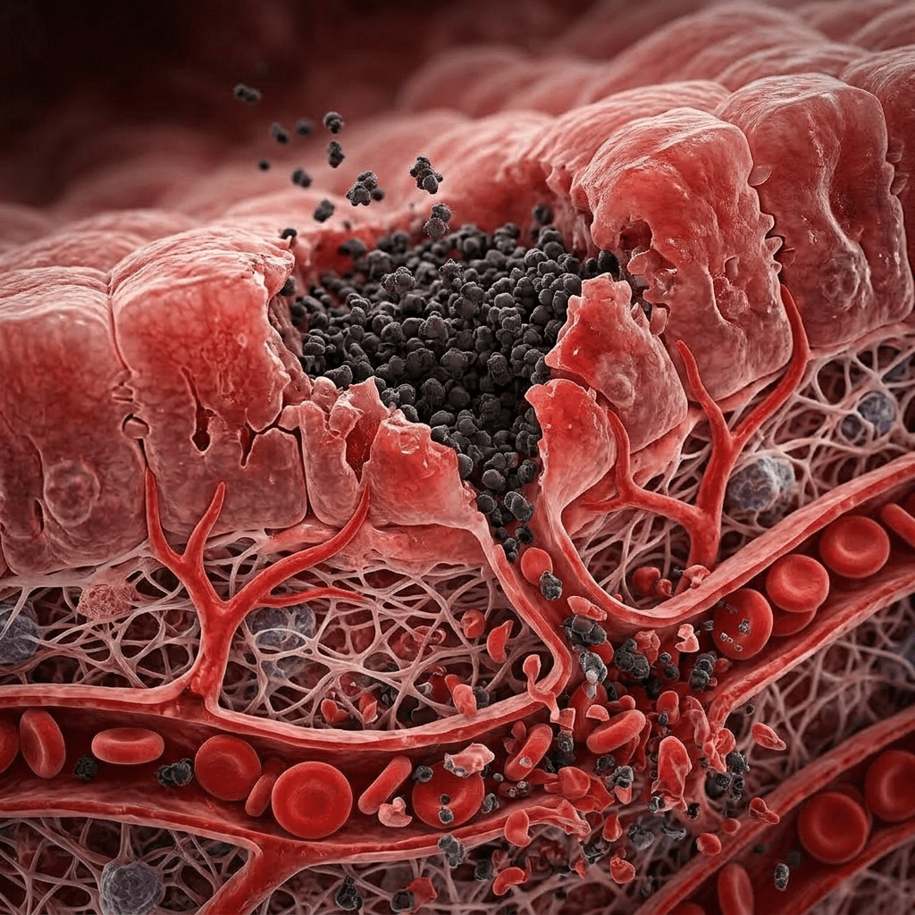 Damaged intestinal lining releasing pathogens into bloodstream with red blood cells