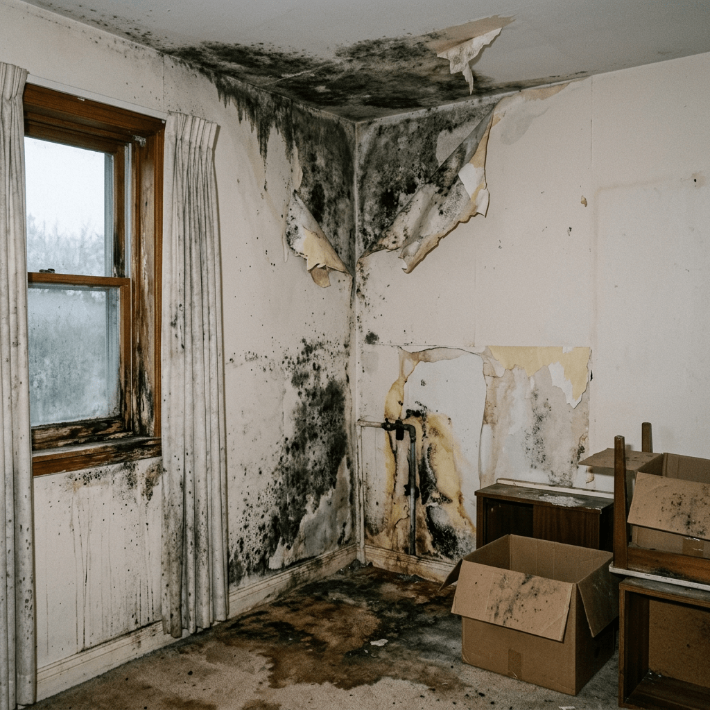 Corner of a room with severe mold growth, peeling wallpaper, stained walls, and cardboard boxes